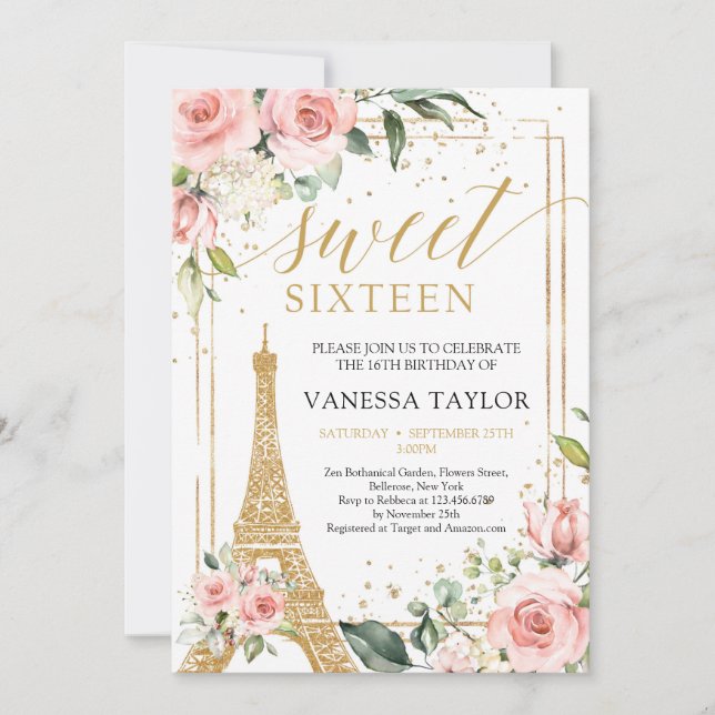 Paris boho blush pink floral gold sweet sixteen invitation (Front)
