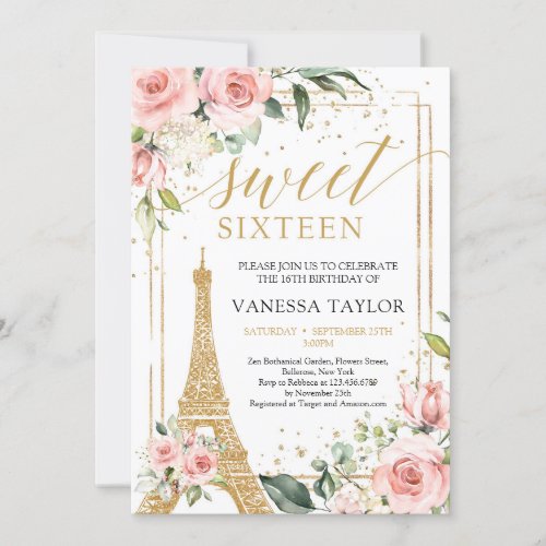 Paris boho blush pink floral gold sweet sixteen invitation