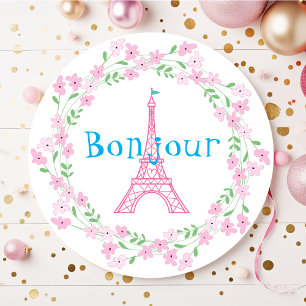Paris Bonjour Pink Floral Classic Round Sticker