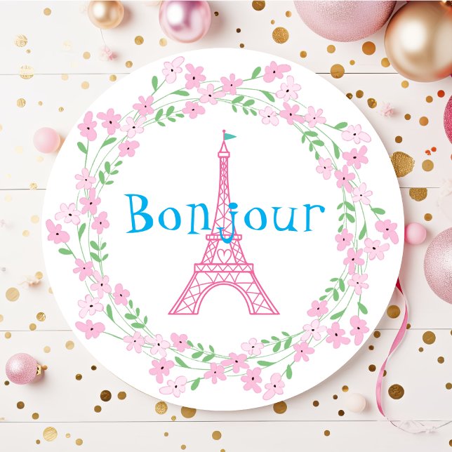 Paris Bonjour Pink Floral Classic Round Sticker (Creator Uploaded)