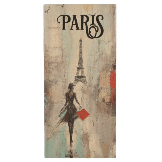 Paris Bound Woman in Black Wood Flash Drive