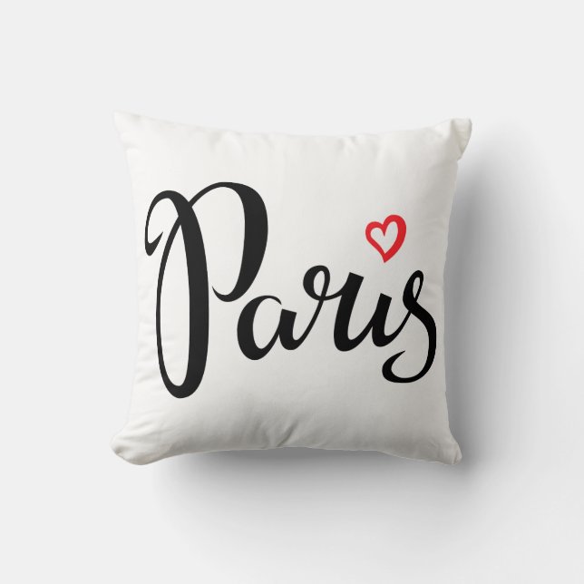 Paris Brush Lettering With Heart Throw Pillow (Front)
