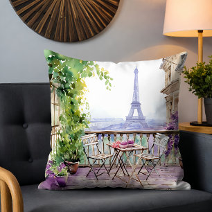 Paris Café Balcony Eiffel Tower Watercolor Throw Pillow