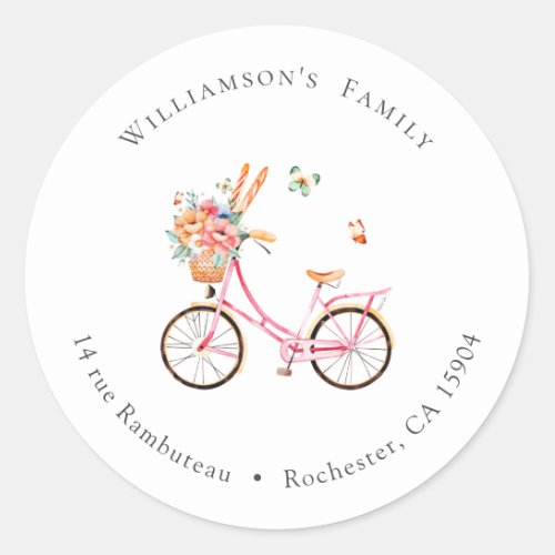 Paris Cafe Boulangerie Bicycle Watercolor Address Classic Round Sticker