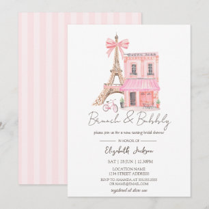 Paris Cafe  Pink Striped Brunch and Bubbly Invitation