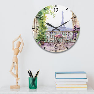Paris Café Terrace Eiffel Tower Watercolor Large Clock