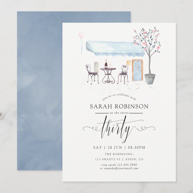 Paris Cafe Watercolor 30th Birthday Party Invitation (Front/Back)