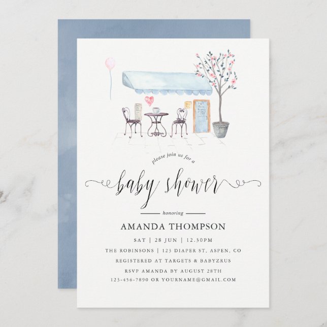 Paris Cafe Watercolor Baby Shower Invitation (Front/Back)