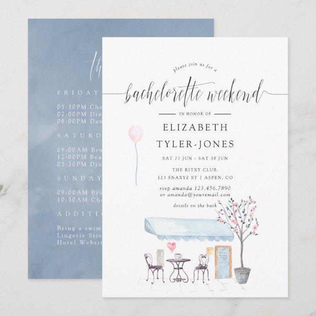 Paris Cafe Watercolor Bachelorette Weekend Agenda Invitation (Front/Back)