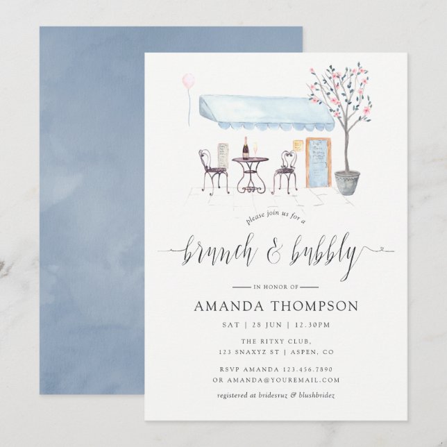 Paris Cafe Watercolor Brunch and Bubbly Invitation (Front/Back)