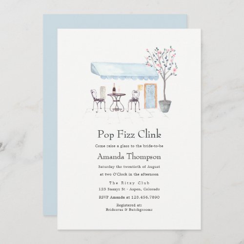 Paris Cafe Watercolor Pop Fizz Clink Bridal Shower Invitation