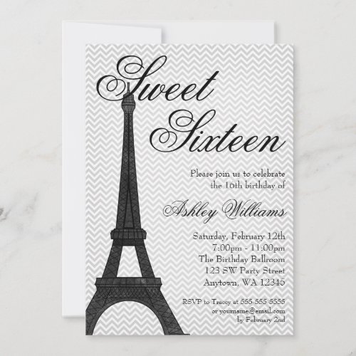 Paris Chevron Gray Black Sweet 16 Birthday Invitation