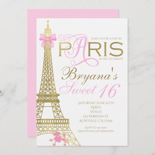 Paris Chic Elegant Pink & Gold Party Invitations (Front/Back)