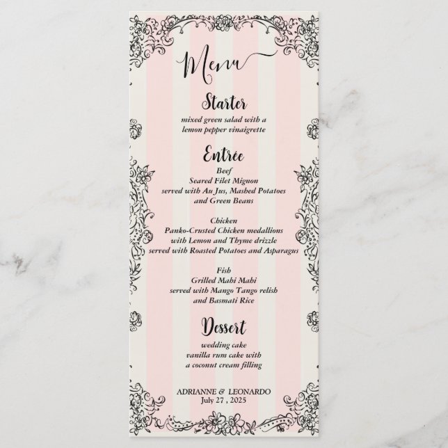 Paris Chic Ornate Pink Stripes Script Wedding Menu (Front)