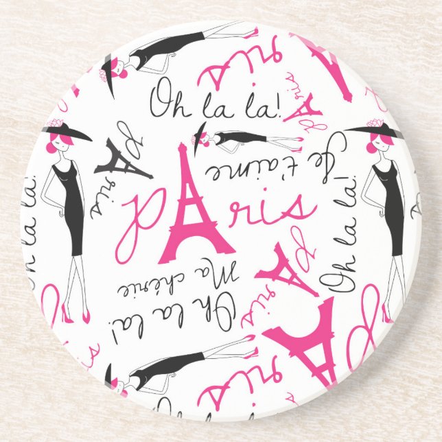 Paris Chic Pink Black and White Sandstone Coaster (Front)