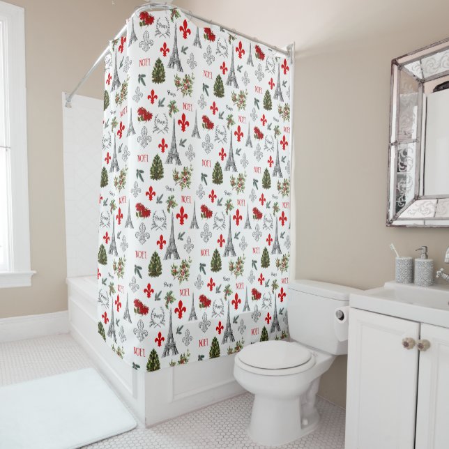 Paris Christmas Eiffel Tower White Shower Curtain (In Situ)