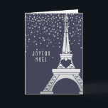 Paris Christmas Eiffel Tower with Snow at Night Holiday Card<br><div class="desc">This lovely holiday card shows a silver image of the Eiffel Tower against a deep blue background,  with snow softly falling to create a magical,  romantic scene. The card says "Joyeux Noel",  or "merry Christmas" in French,  but you can easily change this using the template.</div>