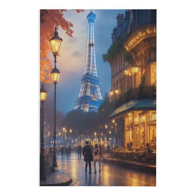 Paris City of Lights, Eiffel Tower, Street Café,  Faux Canvas Print (Front)