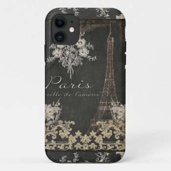 Paris City Of Love Eiffel Tower Chalkboard Floral Iphone 11 Case by VintageWeddings at Zazzle