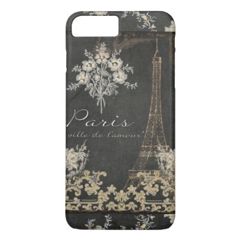 Paris City Of Love Eiffel Tower Chalkboard Floral Iphone 8 Plus/7 Plus Case by VintageWeddings at Zazzle