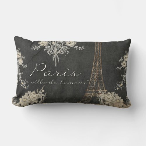 Paris City of Love Eiffel Tower Chalkboard Floral Lumbar Pillow