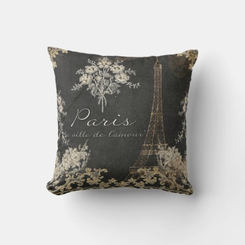 Paris City of Love Eiffel Tower Chalkboard Floral Throw Pillow