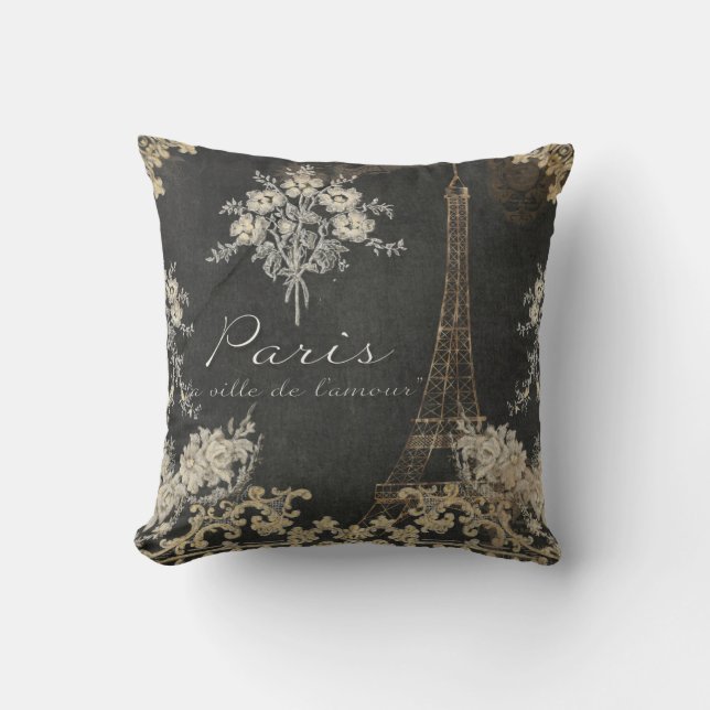 Paris City of Love Eiffel Tower Chalkboard Floral Throw Pillow (Front)