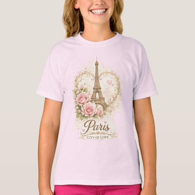 Paris City of Love Eiffel Tower Floral T-Shirt (Front)