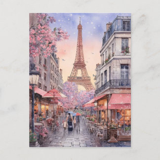Paris City Street Scene With Eiffle Tower Art Postcard