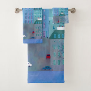 Paris Cityscape Painting in Blue Bath Towel Set
