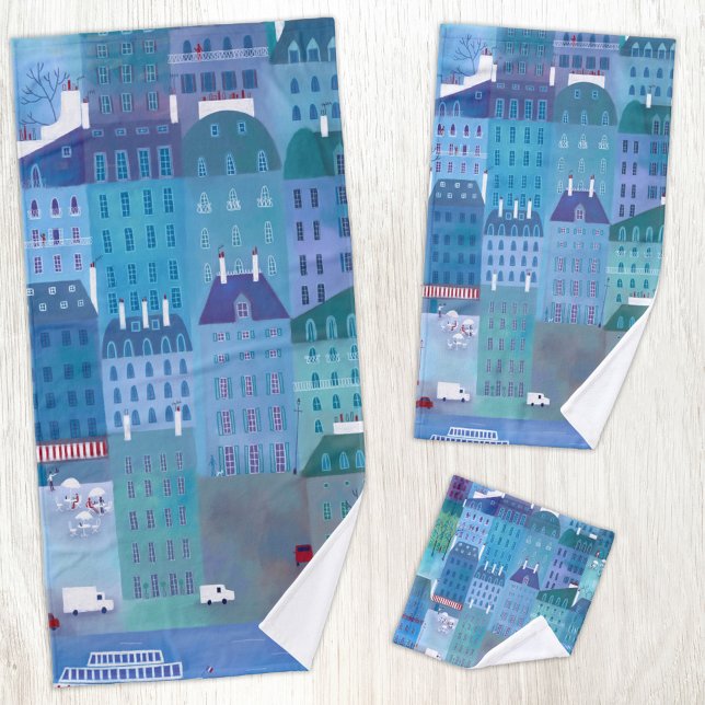 Paris Cityscape Painting in Blue Bath Towel Set (Paris France cityscape blue art bathroom towel set.)