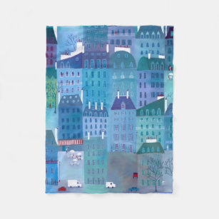 Paris Cityscape Painting in Blue Fleece Blanket