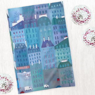 Paris Cityscape Painting in Blue Kitchen Towel