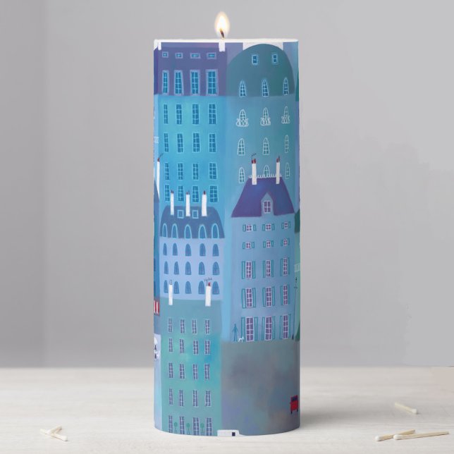 Paris Cityscape Painting in Blue Pillar Candle (Paris cityscape art candle)