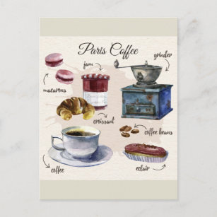 Paris coffee and pastry treats illustration postcard