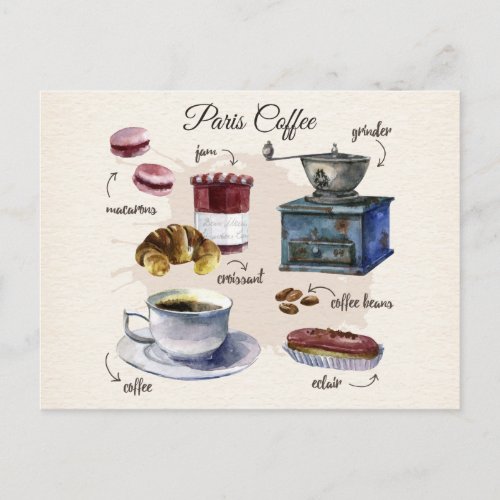 Paris coffee and pastry treats illustration postcard