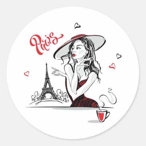 Paris  Coffee red Classic Round Sticker