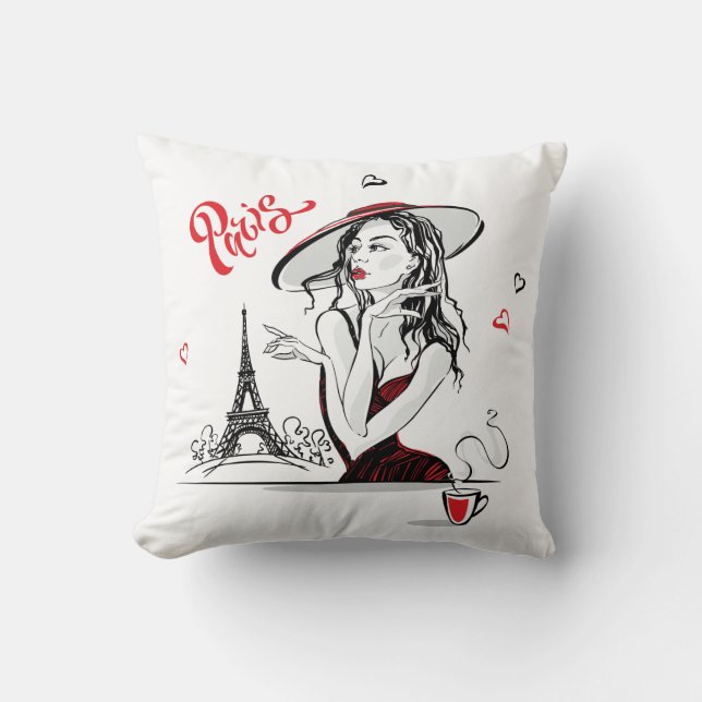 Paris & Coffee, red Throw Pillow (Front)