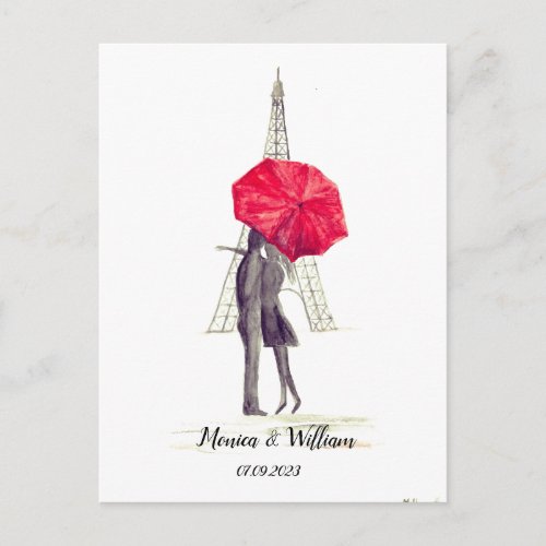 Paris couple Eiffel Tower red umbrella Wedding Postcard