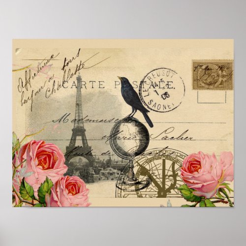 Paris Crow Globe French Postcard Rose Art Print