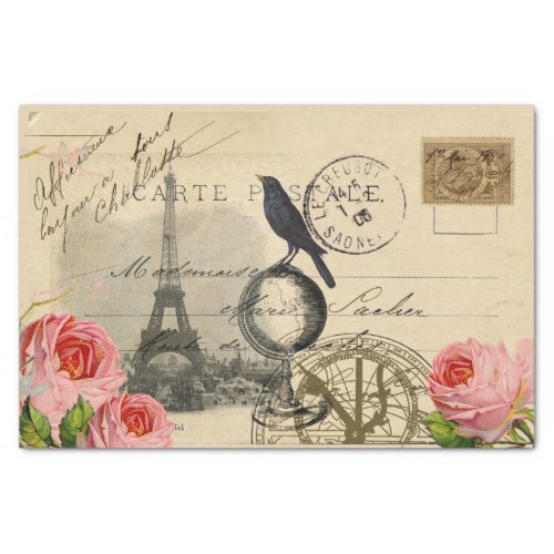 Paris Crow Globe French Postcard Rose Tissue Paper