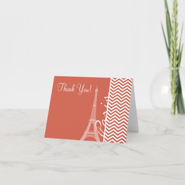 Paris; Dark Coral Chevron Thank You Card (Front)