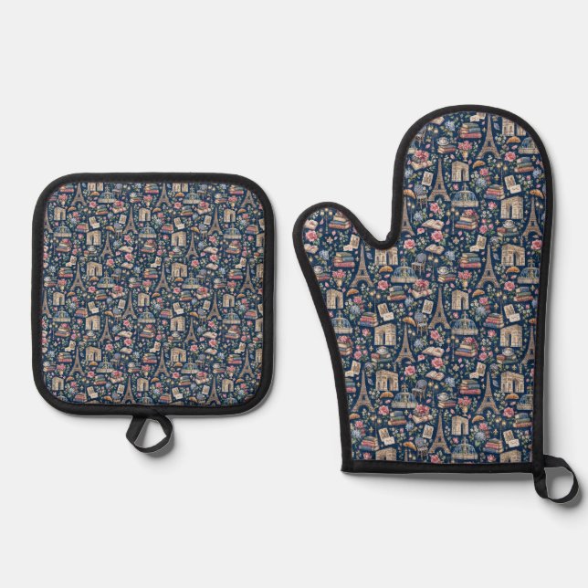 Paris Dark Icons Chic Design Oven Mitt & Pot Holder Set (Front)
