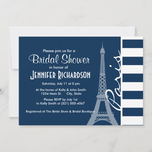 Paris; Dark Midnight Blue Horizontal Stripes Personalized Invitation
