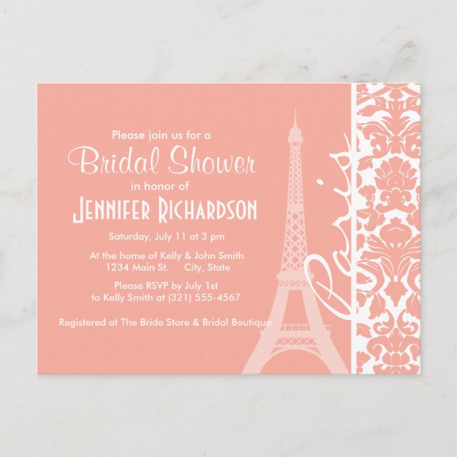 Paris; Deep Peach Damask Invitation Postcard (Front)