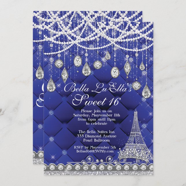 Paris Diamond and Pearls Birthday Party Invitation (Front/Back)