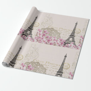 Paris Eifel Tower Square Vintage Pink Roses Art Wrapping Paper