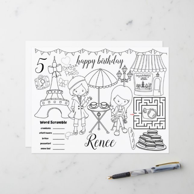 Paris Eiffel activity color sheet placemats (Front/Back In Situ)