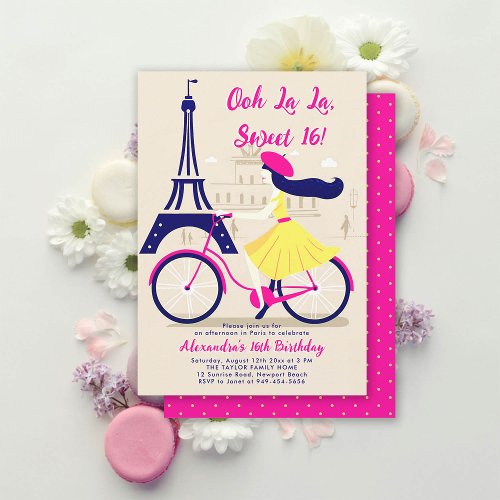 Paris Eiffel Bicycle Hot Pink Yellow Chic Sweet 16 Invitation