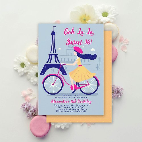 Paris Eiffel Bicycle Ooh La Blue Yellow Sweet 16 Invitation